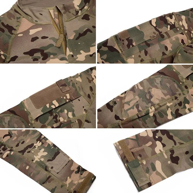 Men's Camouflage Hunting Combat T Shirt Stretch Cotton 1/4 Zipper Uniform Shirts Long Sleeve Camo Shirt