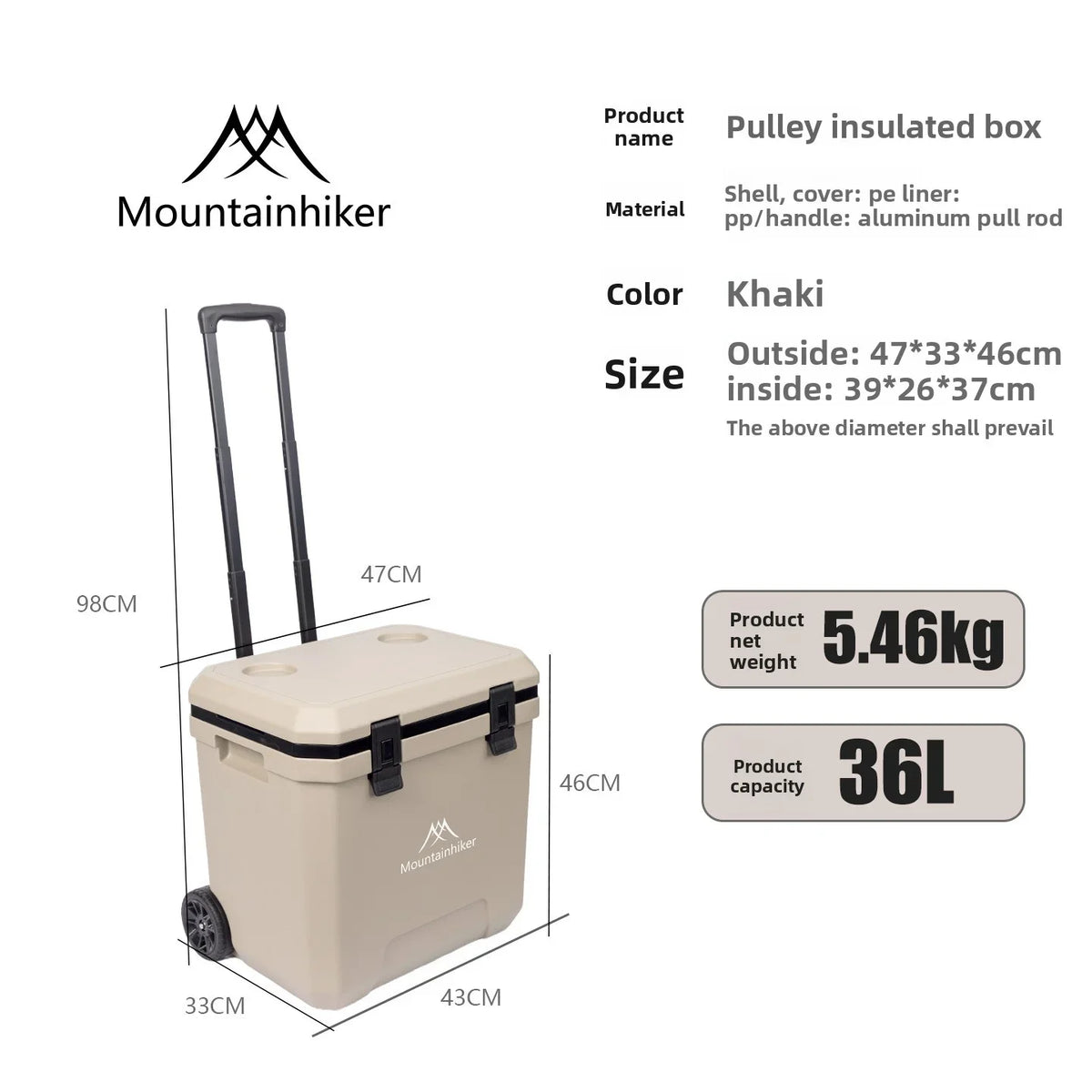 Mountainhiker 36L Outdoor Refrigerator with Trolley Wheels Incubator Portable Camping Warm Box BBQ Car Pulley Cooler Storage Box