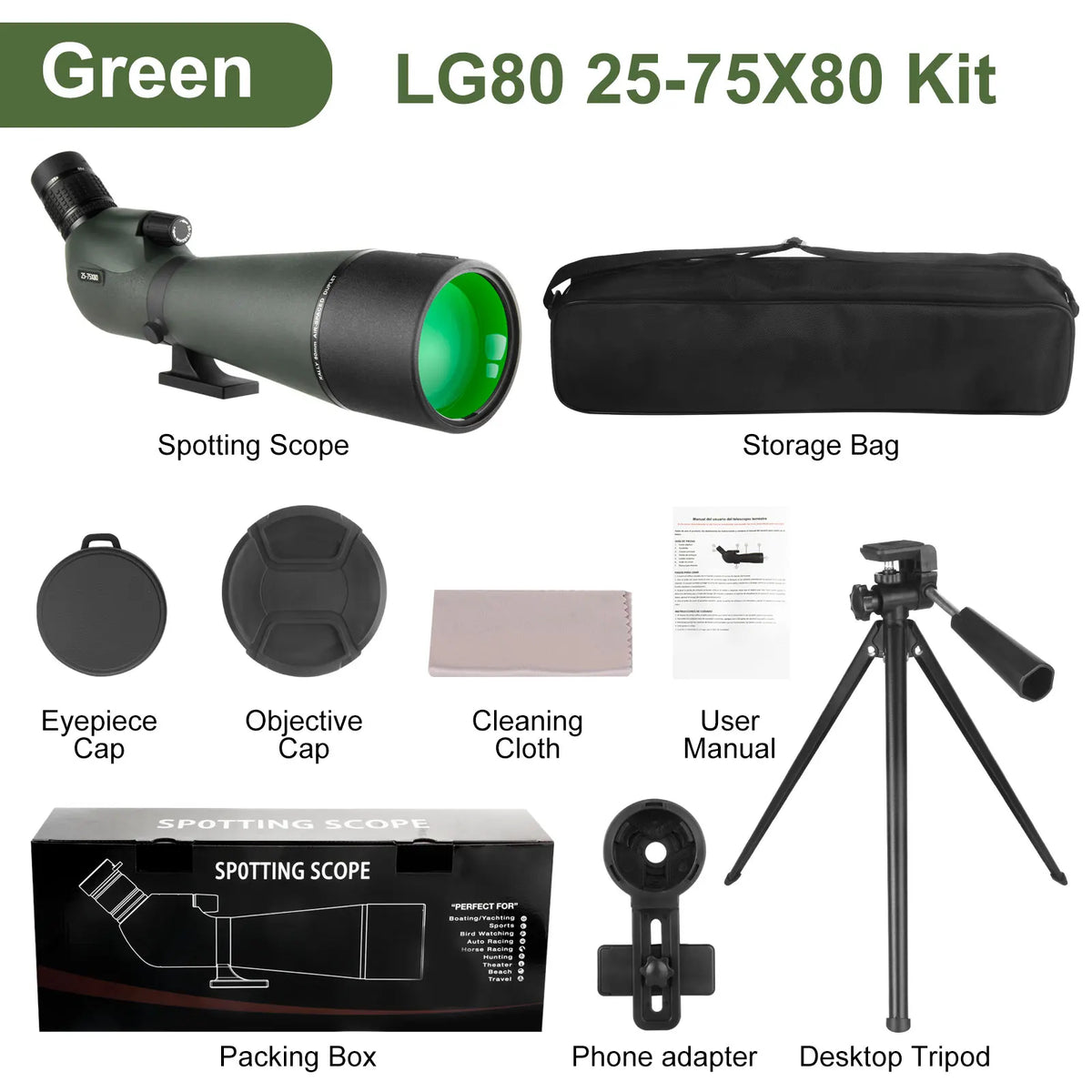 25-75x80 Spotter Scope With Tripod Phone Adapter Waterproof Fogproof Spotting Scope For Bird Watching Target Shooting Wildlife