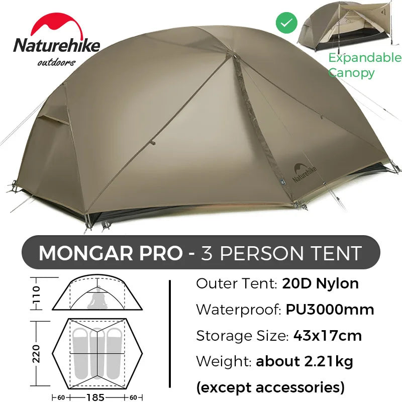 Naturehike Mongar UL/PRO 1 2 3 Person Tent Ultralight Waterproof Backpacking Tent Outdoor Portable Hiking Camping Sunshade