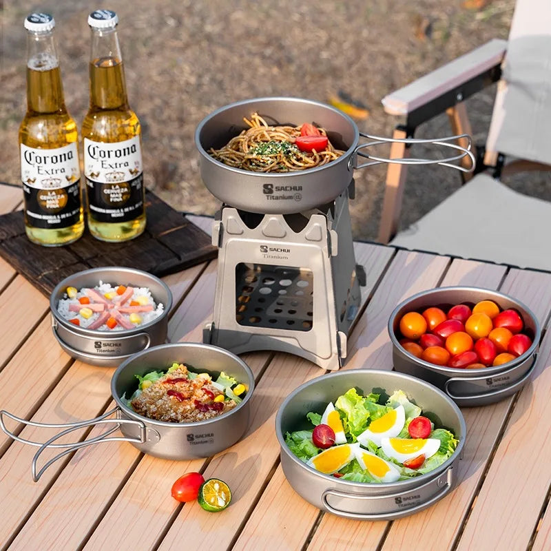 Pure Titanium Pans Bowls Dishes Set With Folding Handle Outdoor Camping Portable Plates Wok Frying Pan Tableware 5 Packed