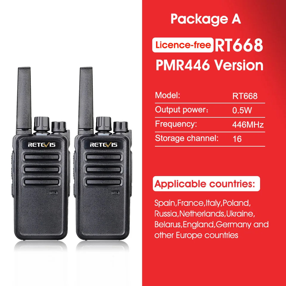 Retevis RT668 2pcs Walkie Talkies License-Free Two Way Radio 12H battery life Noise reduction Portable PMR446 Radio for Business