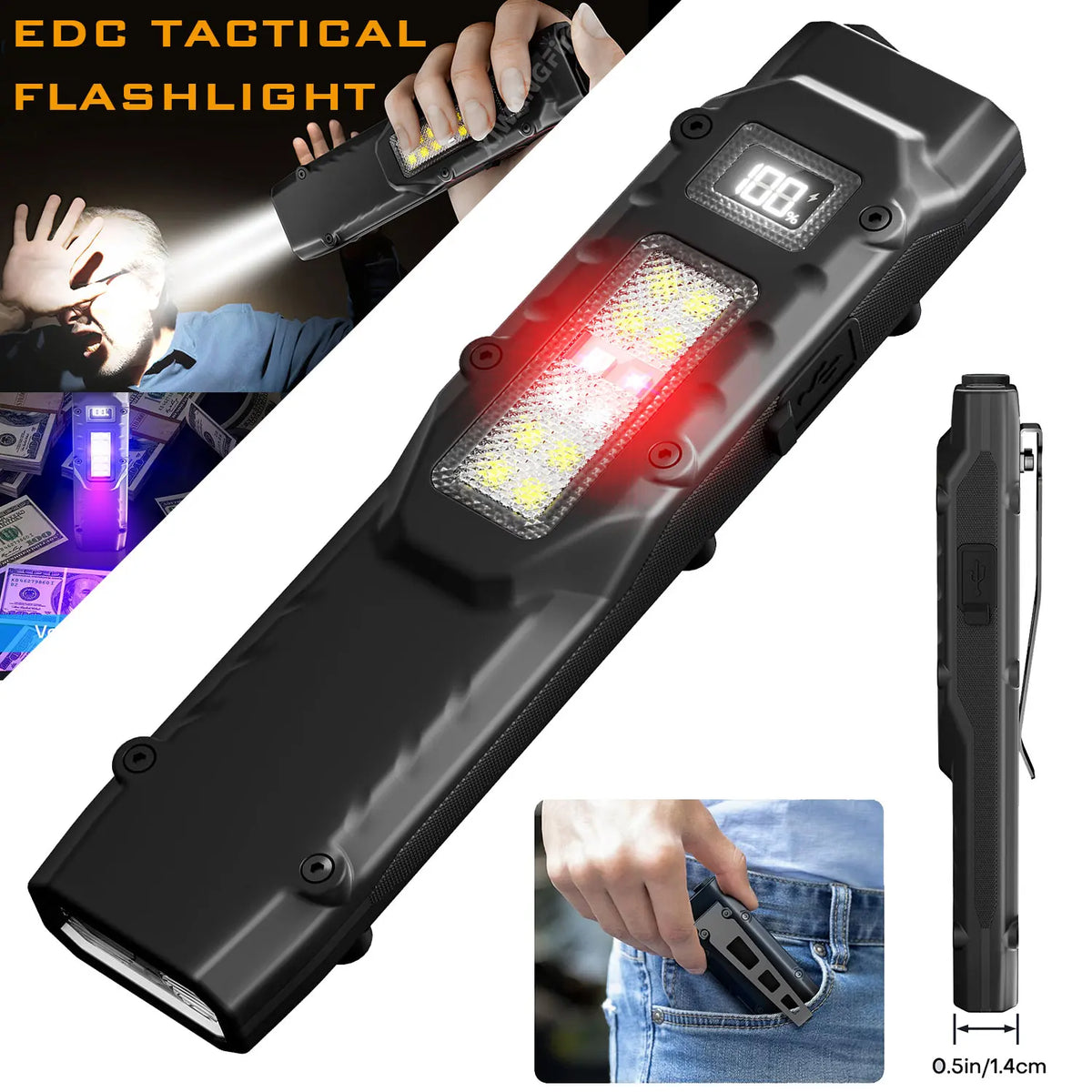 EDC Tactical Flashlight,1500 Lumen Flat Flashlights Rechargeable,Dual-Switches LED UV Flashlight with Digital Display,Stainless