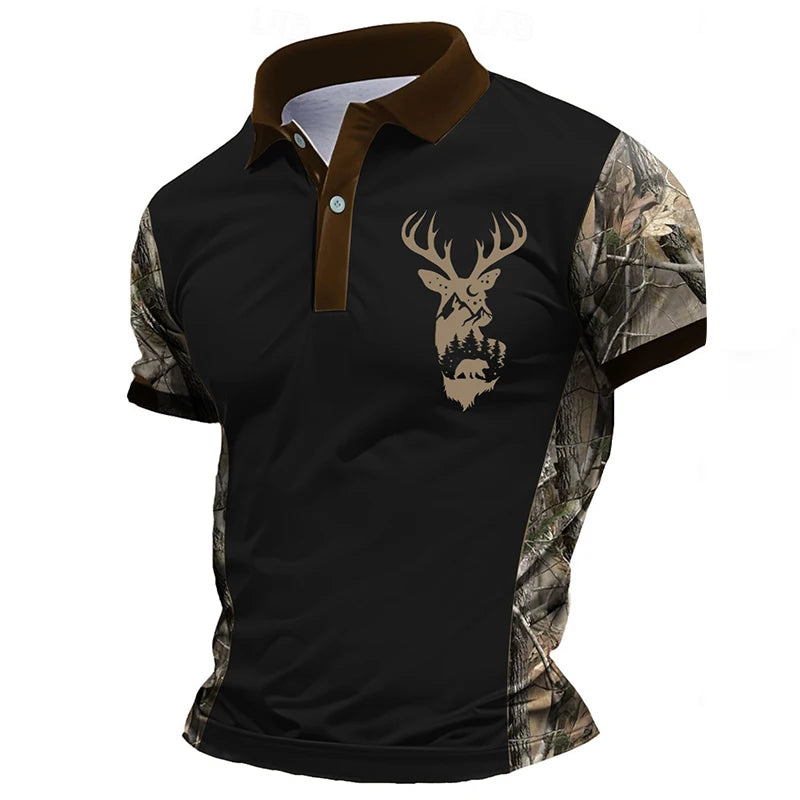 Men's Casual Deer Head Print Short-Sleeved Buttoned Polo Shirt Spring Summer and Autumn Fashionable Polo Shirt Suitable for Goi