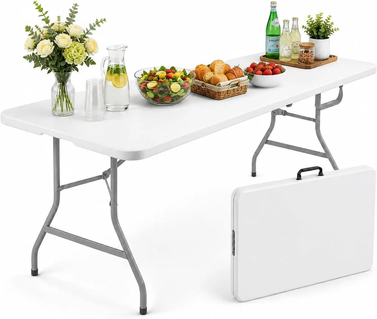 Foldable Rectangle Utility Table, Lightweight Portable Plastic Table with Carry Handle, Ideal for Camping, Picnic, Banquet and Indoor Outdoor Use