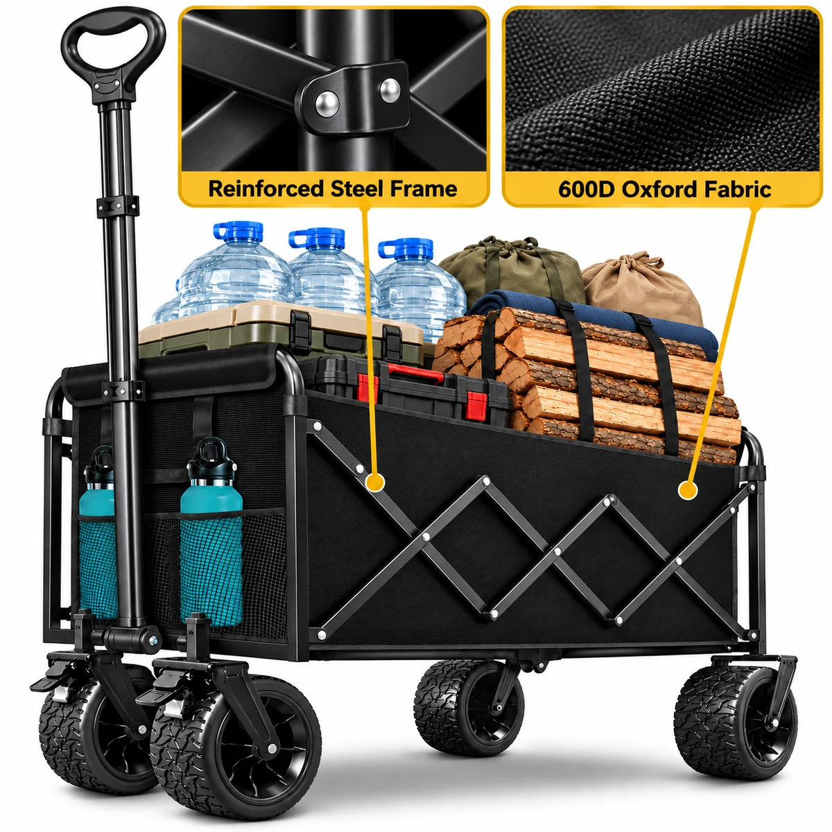 860LBS Heavy Duty Folding Wagon Cart, Large Capacity Collapsible Utility Wagon with All-Terrain Wide Wheels, Reinforced Steel Frame, 600D Oxford Fabric, Adjustable Handle & Dual Cup Holders for Camping, Shopping, Garden & Out