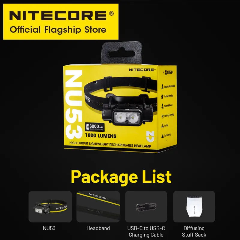 NITECORE NU53 USB-C Rechargeable Headlamp 16W Fast Charge Running Industrial Headlight 1800 Lumens, Built in 6000mAh Battery