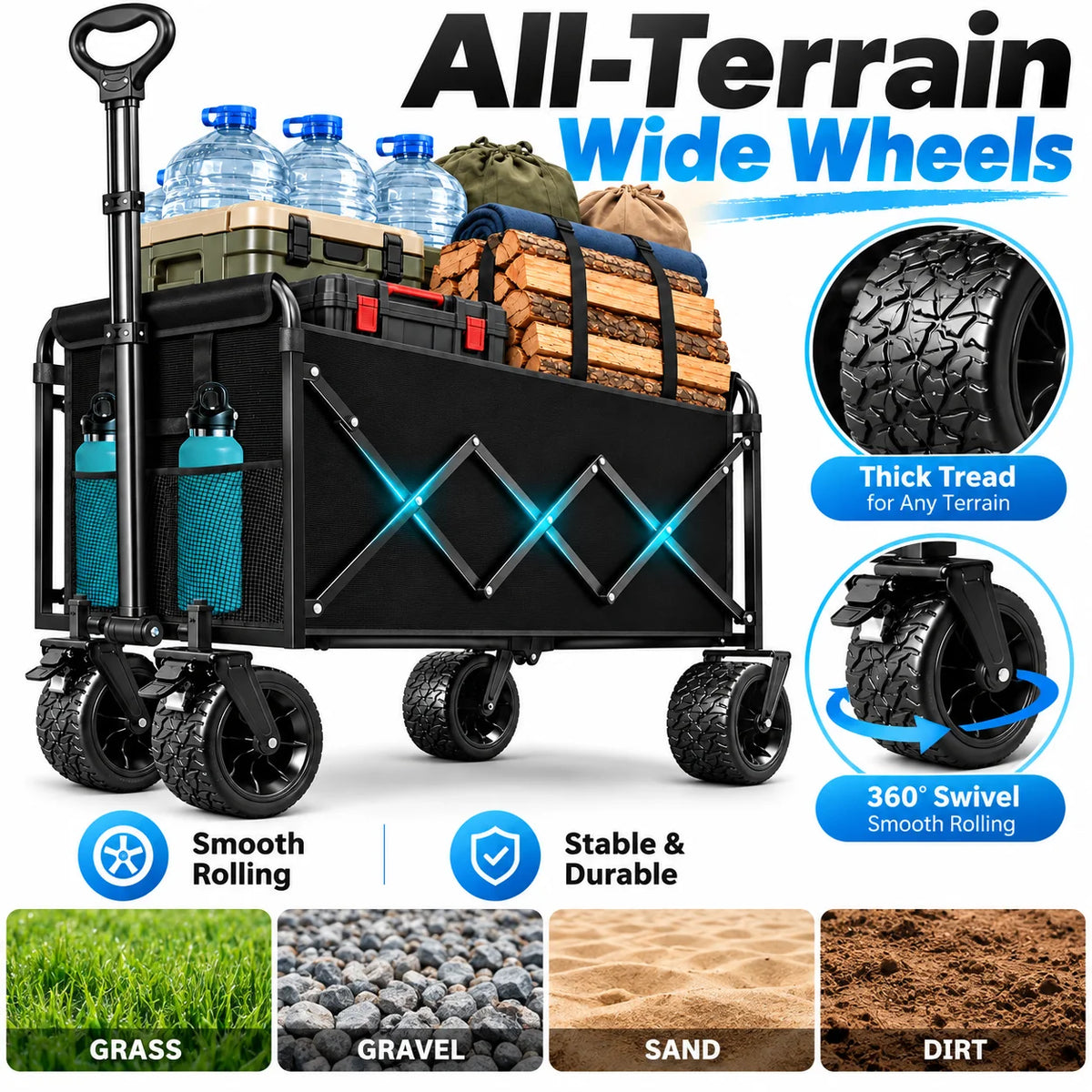 860LBS Heavy Duty Folding Wagon Cart, Large Capacity Collapsible Utility Wagon with All-Terrain Wide Wheels, Reinforced Steel Frame, 600D Oxford Fabric, Adjustable Handle & Dual Cup Holders for Camping, Shopping, Garden & Out