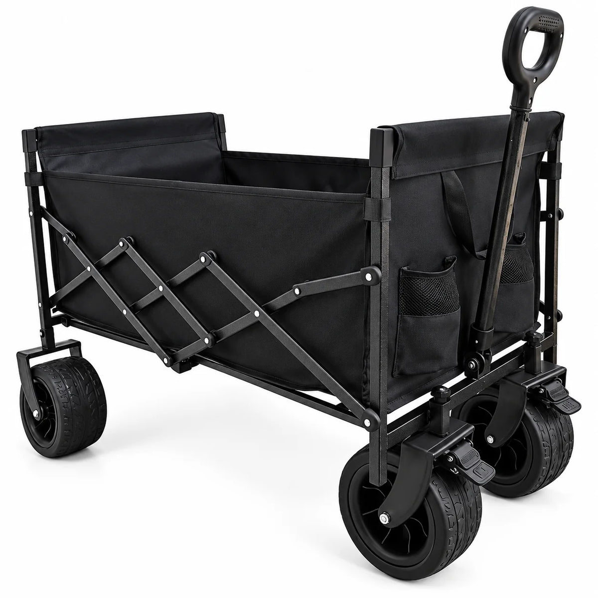 Heavy Duty Folding Wagon Cart with Large Capacity Collapsible Utility with All Terrain Wheels Adjustable Handle Side Pockets for Camping Shopping Beach Garden Sports Picnic