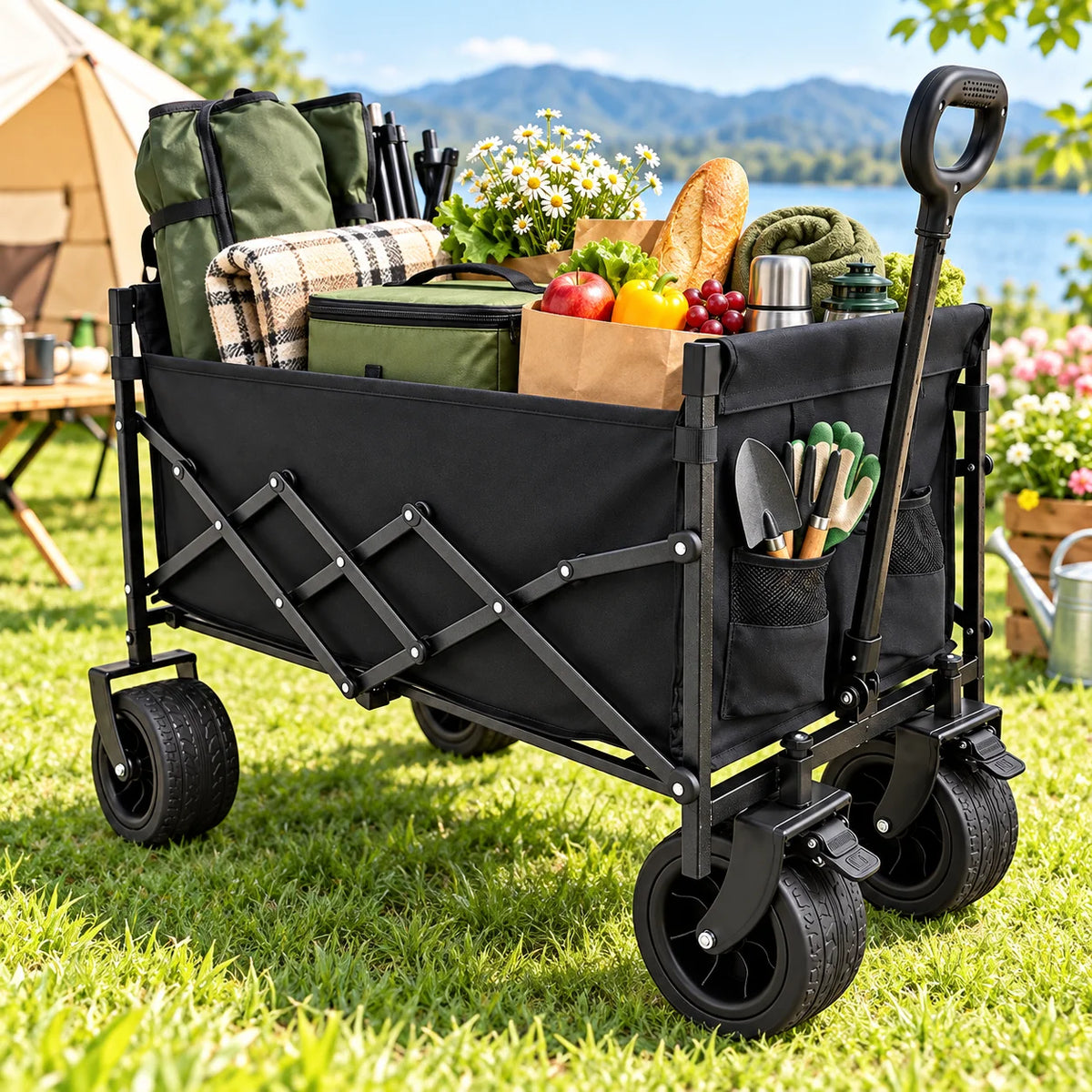 Heavy Duty Folding Wagon Cart with Large Capacity Collapsible Utility with All Terrain Wheels Adjustable Handle Side Pockets for Camping Shopping Beach Garden Sports Picnic