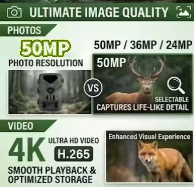 SunTekCam 50MP 4K Hunting Trail Camera with Night Vision IP65 Waterproof 0.3s Trigger Time Photo Trap Camera Wild Cameras