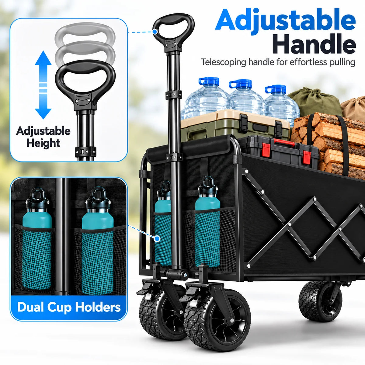 860LBS Heavy Duty Folding Wagon Cart, Large Capacity Collapsible Utility Wagon with All-Terrain Wide Wheels, Reinforced Steel Frame, 600D Oxford Fabric, Adjustable Handle & Dual Cup Holders for Camping, Shopping, Garden & Out