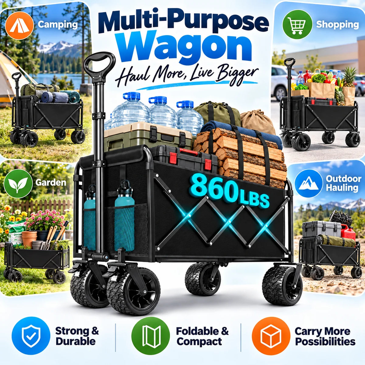860LBS Heavy Duty Folding Wagon Cart, Large Capacity Collapsible Utility Wagon with All-Terrain Wide Wheels, Reinforced Steel Frame, 600D Oxford Fabric, Adjustable Handle & Dual Cup Holders for Camping, Shopping, Garden & Out