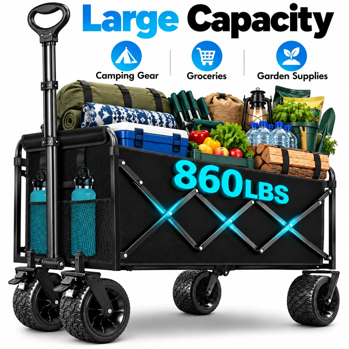 860LBS Heavy Duty Folding Wagon Cart, Large Capacity Collapsible Utility Wagon with All-Terrain Wide Wheels, Reinforced Steel Frame, 600D Oxford Fabric, Adjustable Handle & Dual Cup Holders for Camping, Shopping, Garden & Out