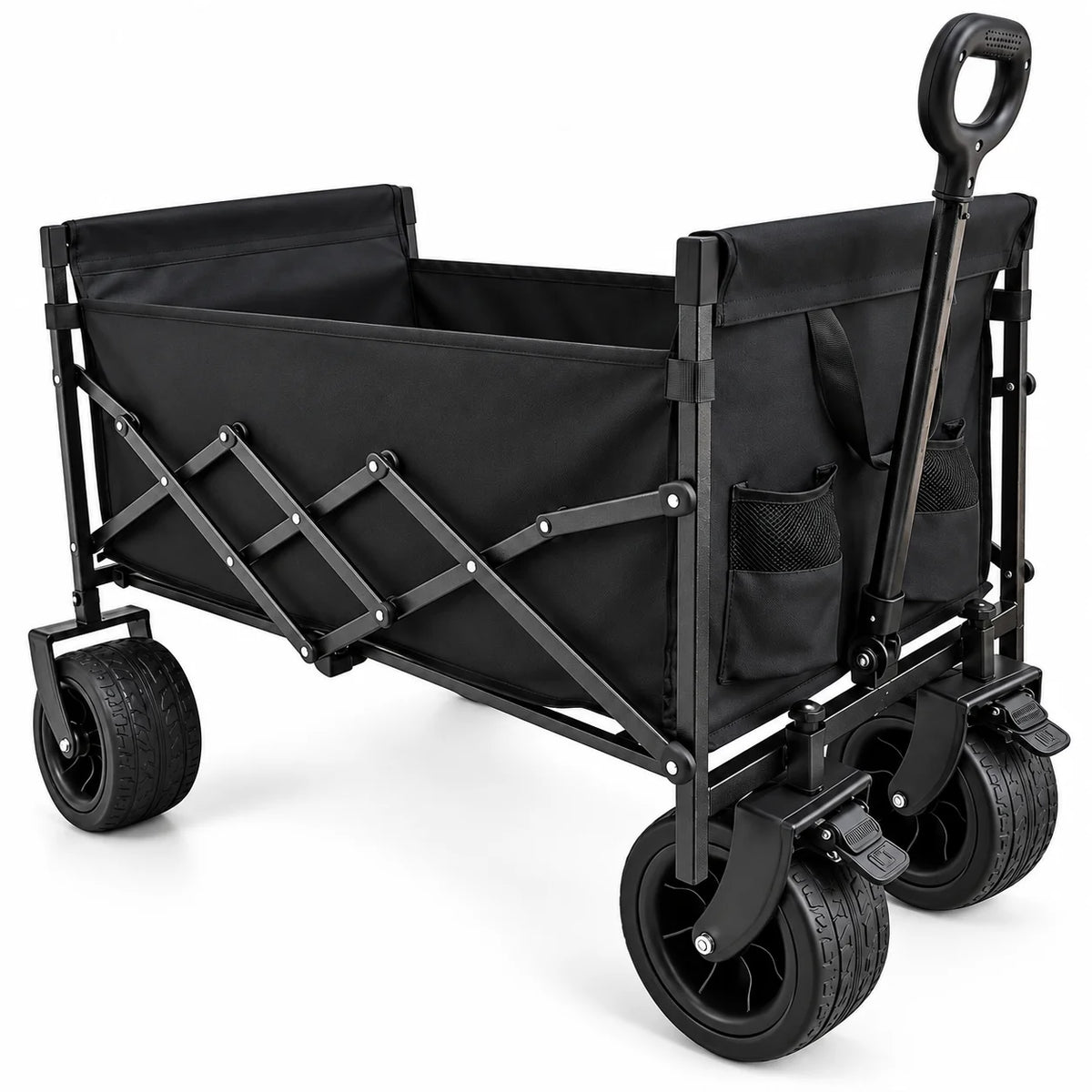Heavy Duty Folding Wagon Cart with Large Capacity Collapsible Utility with All Terrain Wheels Adjustable Handle Side Pockets for Camping Shopping Beach Garden Sports Picnic