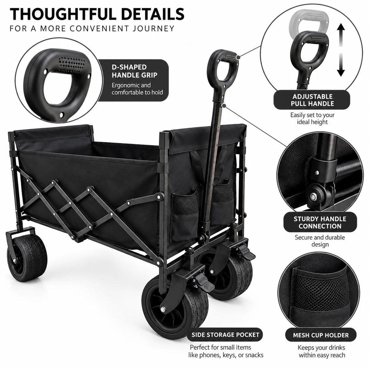 Heavy Duty Folding Wagon Cart with Large Capacity Collapsible Utility with All Terrain Wheels Adjustable Handle Side Pockets for Camping Shopping Beach Garden Sports Picnic
