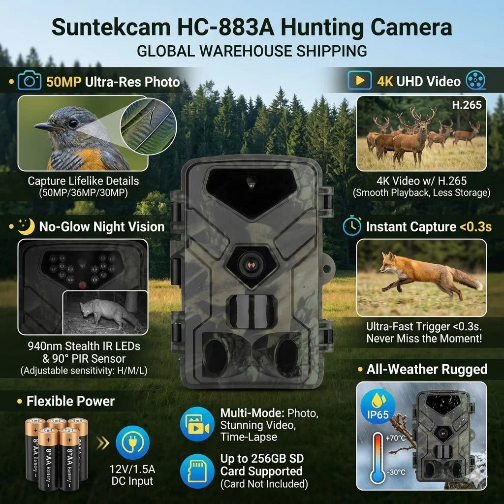 SunTekCam 50MP 4K Hunting Trail Camera with Night Vision IP65 Waterproof 0.3s Trigger Time Photo Trap Camera Wild Cameras