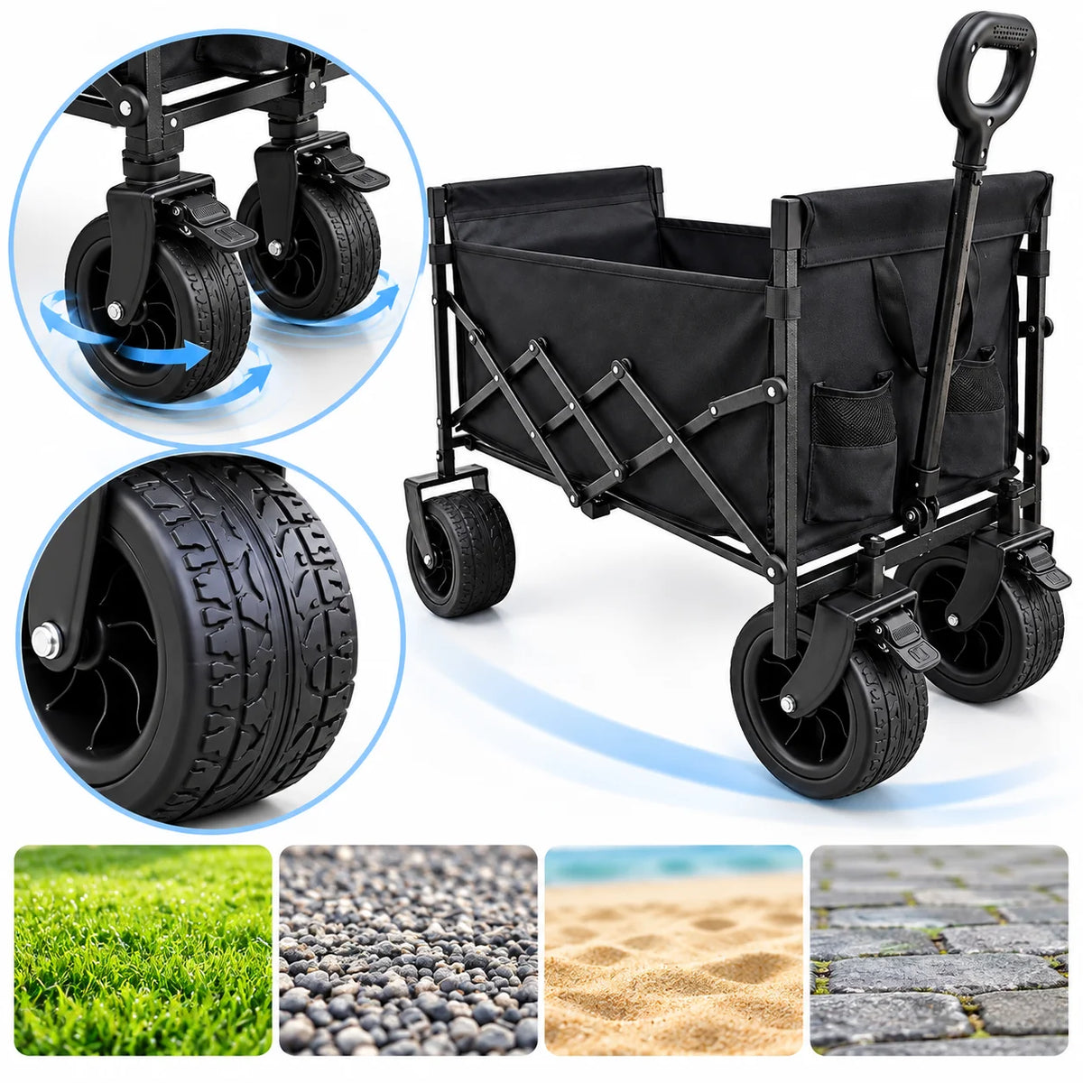 Heavy Duty Folding Wagon Cart with Large Capacity Collapsible Utility with All Terrain Wheels Adjustable Handle Side Pockets for Camping Shopping Beach Garden Sports Picnic