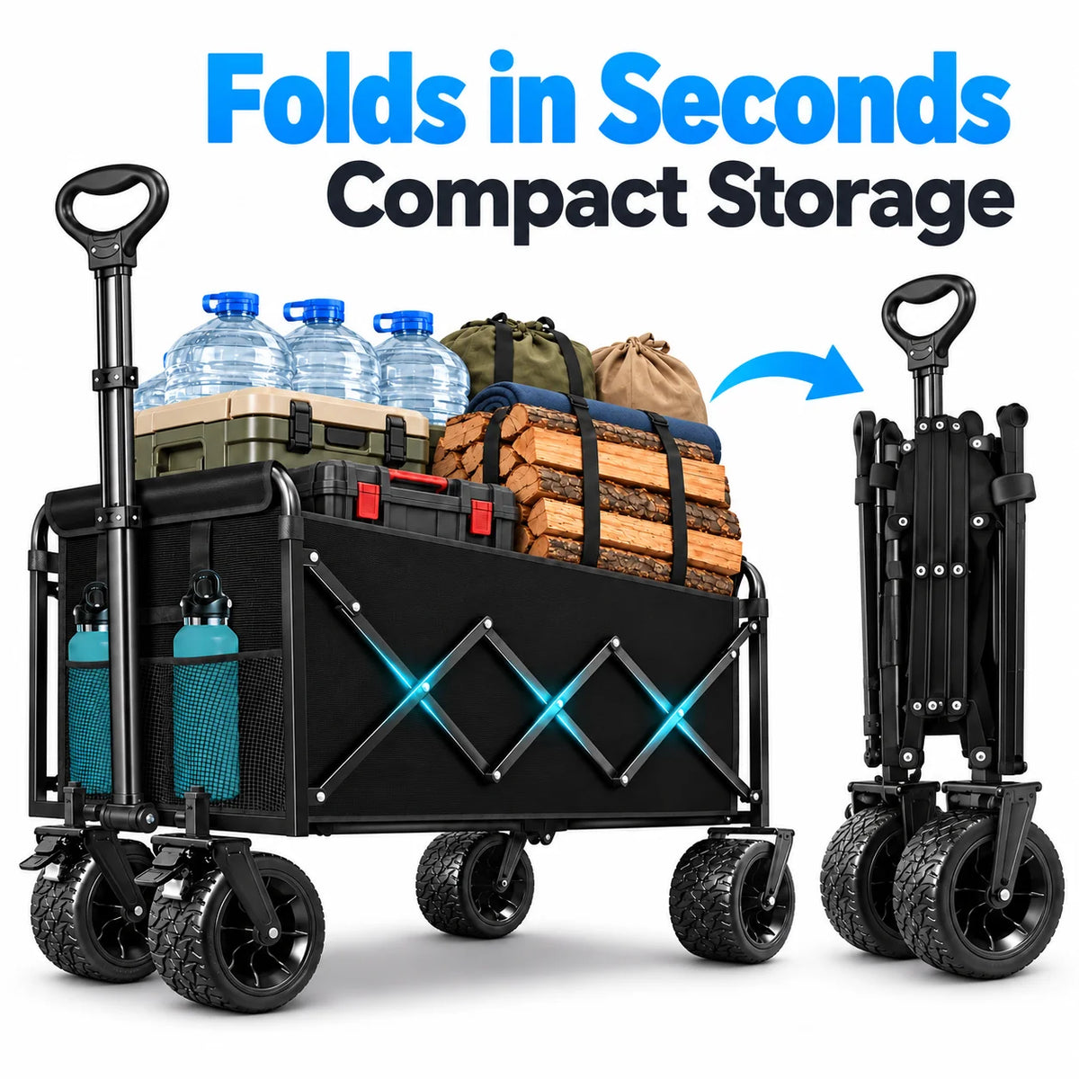 860LBS Heavy Duty Folding Wagon Cart, Large Capacity Collapsible Utility Wagon with All-Terrain Wide Wheels, Reinforced Steel Frame, 600D Oxford Fabric, Adjustable Handle & Dual Cup Holders for Camping, Shopping, Garden & Out