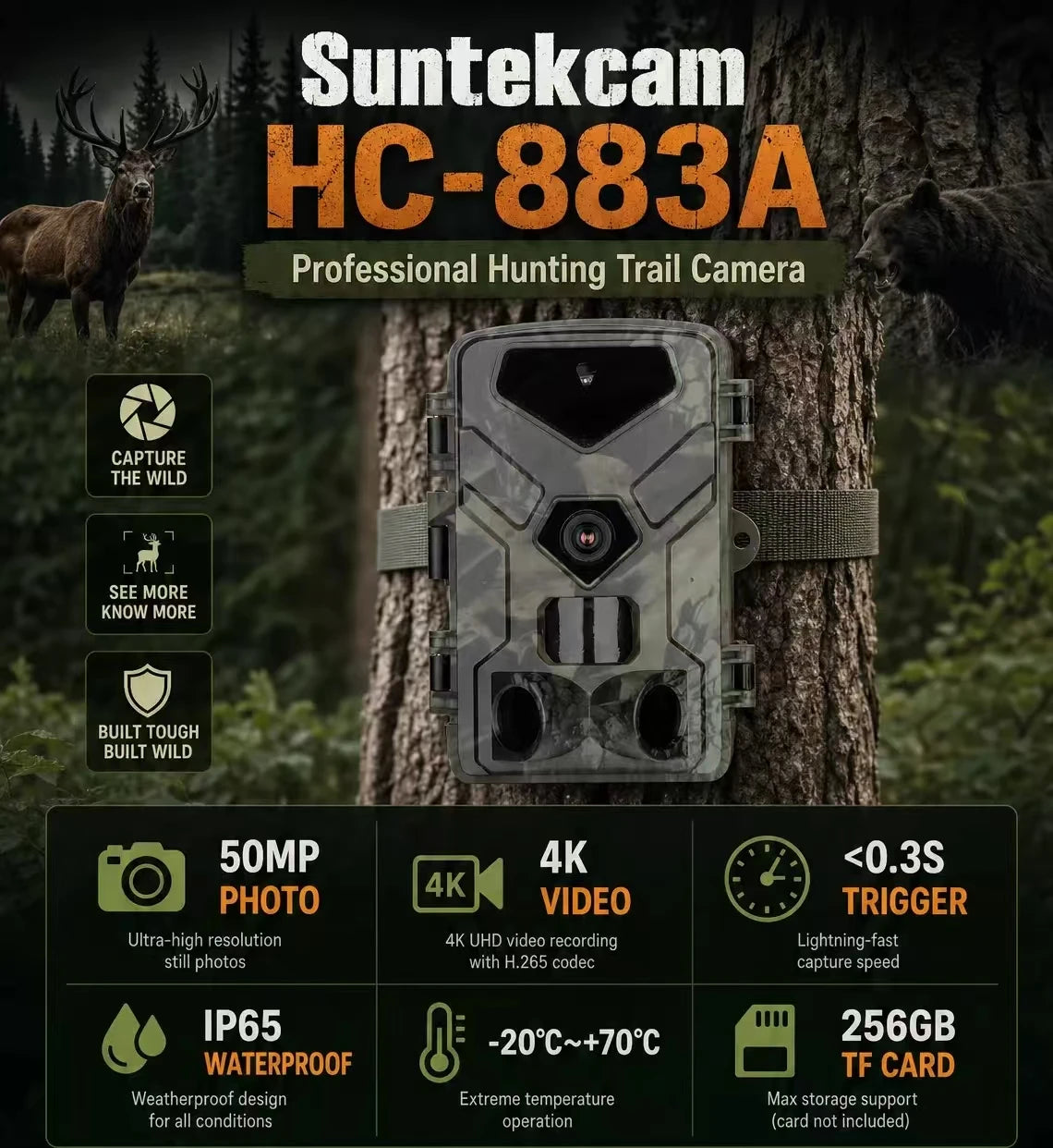 SunTekCam 50MP 4K Hunting Trail Camera with Night Vision IP65 Waterproof 0.3s Trigger Time Photo Trap Camera Wild Cameras