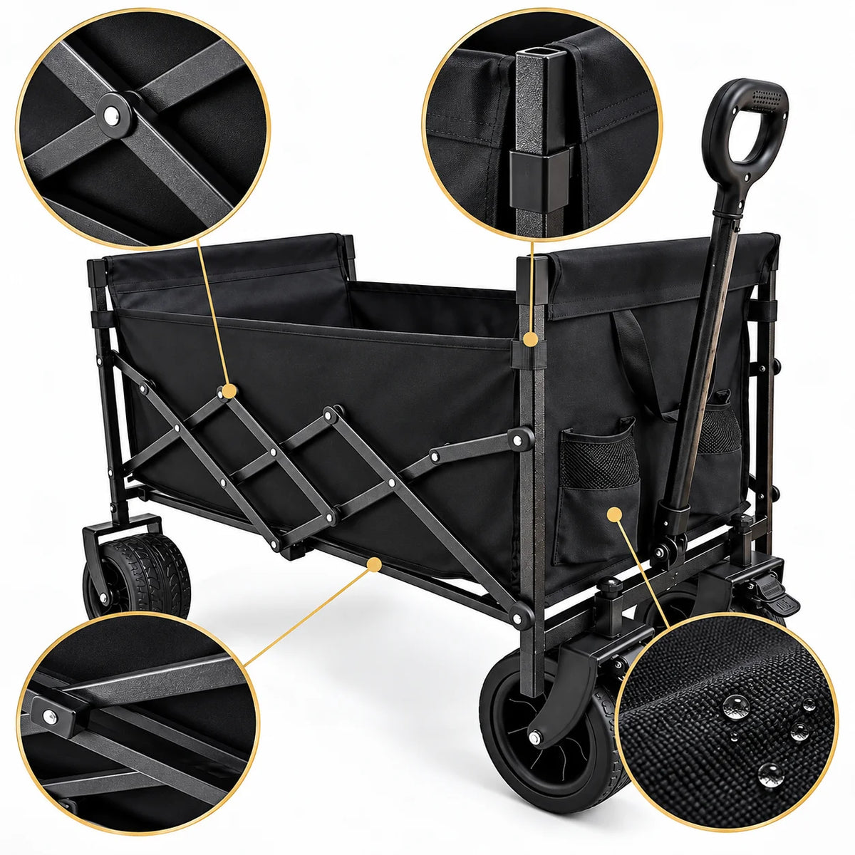 Heavy Duty Folding Wagon Cart with Large Capacity Collapsible Utility with All Terrain Wheels Adjustable Handle Side Pockets for Camping Shopping Beach Garden Sports Picnic