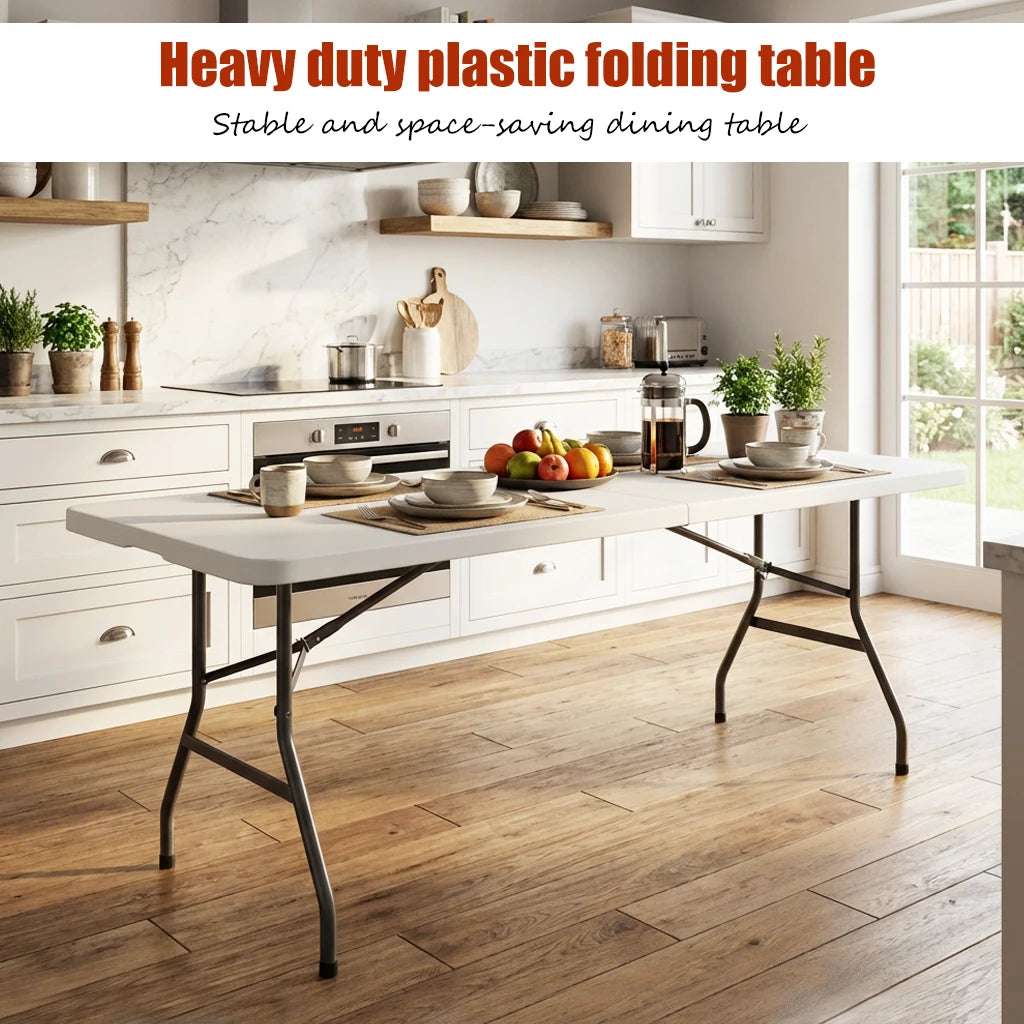 Foldable Rectangle Utility Table, Lightweight Portable Plastic Table with Carry Handle, Ideal for Camping, Picnic, Banquet and Indoor Outdoor Use
