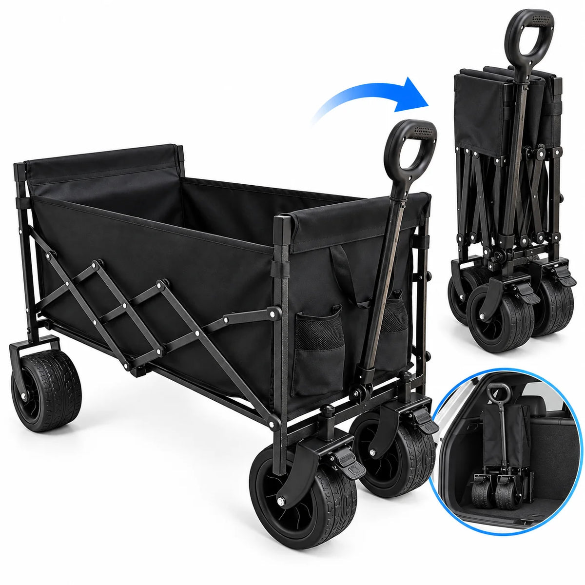 Heavy Duty Folding Wagon Cart with Large Capacity Collapsible Utility with All Terrain Wheels Adjustable Handle Side Pockets for Camping Shopping Beach Garden Sports Picnic