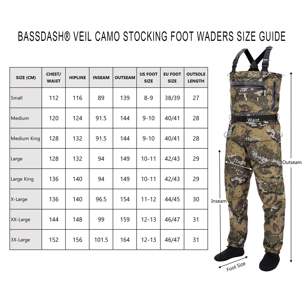 Bassdash Fishing Hunting Waders for Men Veil Camo Chest Stocking Foot Breathable and Ultra Lightweight