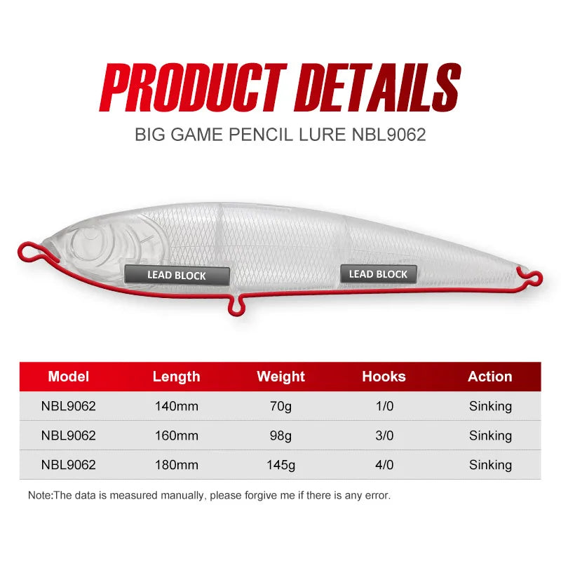 Noeby Sinking Pencil Fishing Lure 14cm70g 16cm98g 18cm145g Stickbait Wobblers Artificial Hard Baits for Sea Tuna Fishing Lures