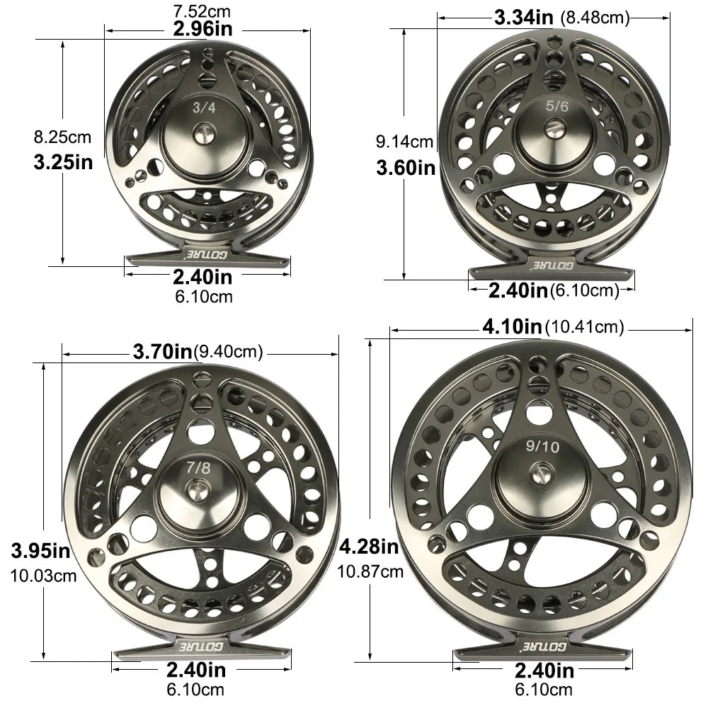 Goture 3/4 5/6 7/8 9/10 WT Fly Fishing Reel CNC Machine Cut Large Arbor Die Casting Aluminum Fly Reel with Bag