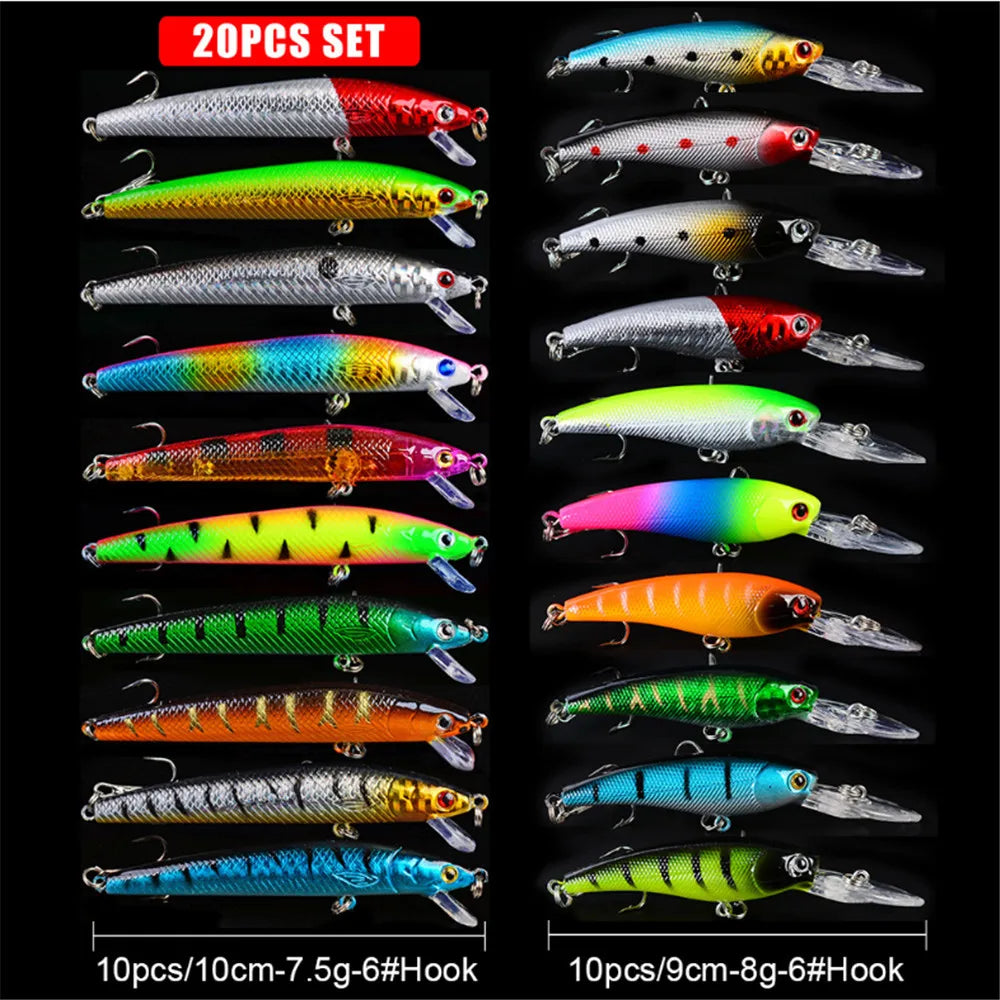 20pcs/lot Minnow Fishing Lures Set Bass Fresh Salt Water Floating 3D Eyes Wobbler Tackle Hard Bait Crankbait Pesca Kit set