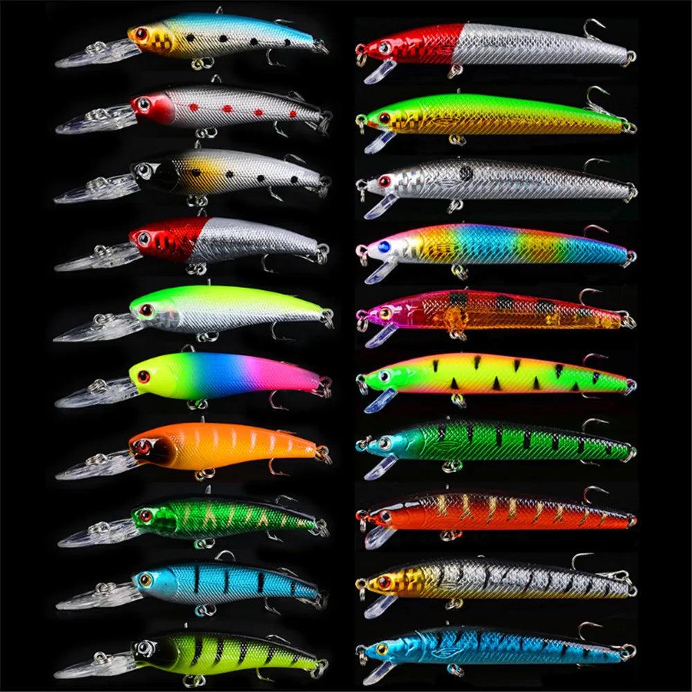 20pcs/lot Minnow Fishing Lures Set Bass Fresh Salt Water Floating 3D Eyes Wobbler Tackle Hard Bait Crankbait Pesca Kit set
