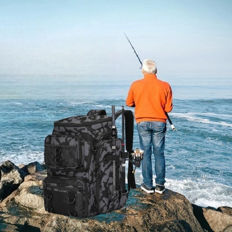 Outdoor Large Capacity Lure Fishing Multifunctional Fishing Gear Fishing Rod Storage Bag Camouflage Hiking and Hunting Backpack