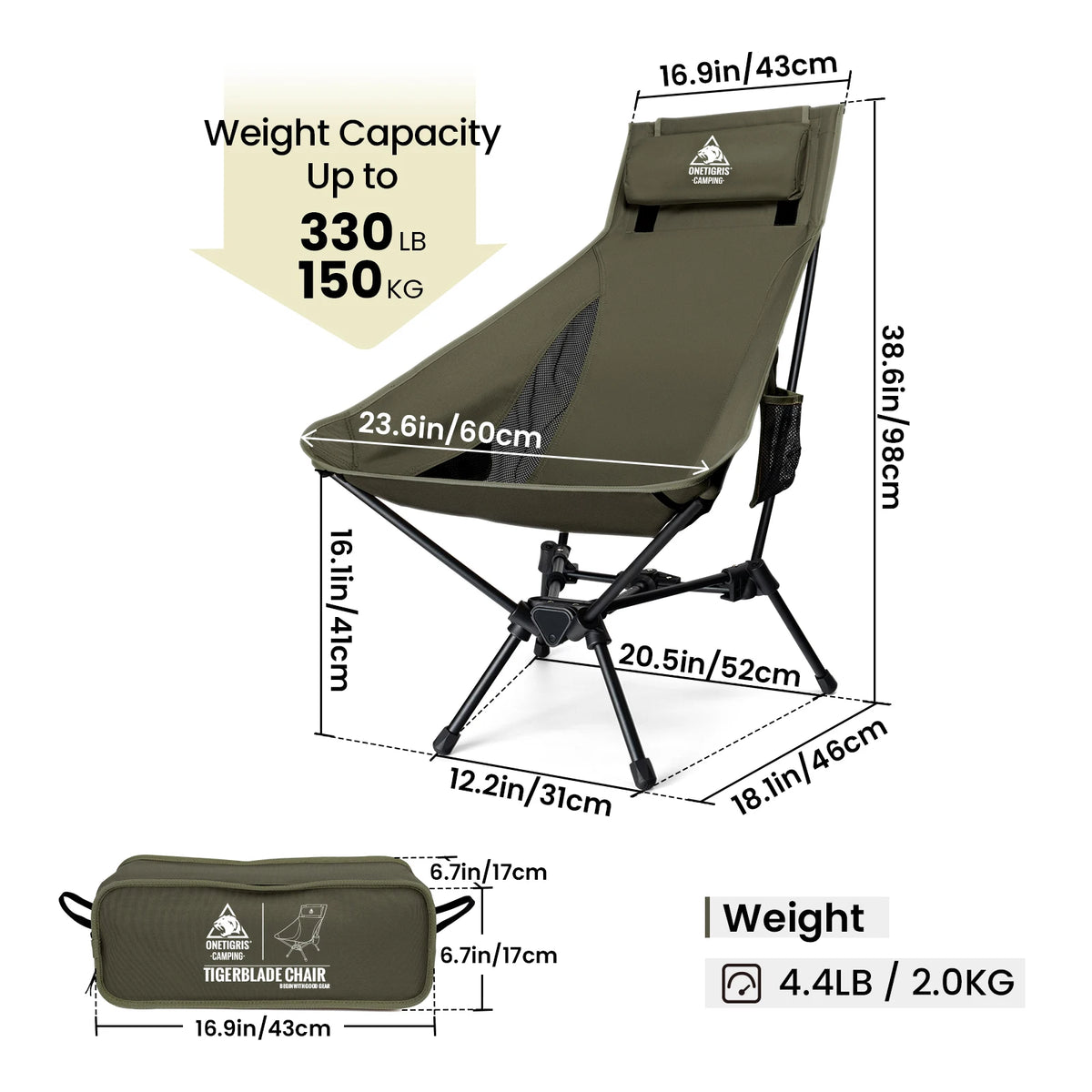 OneTigris Tigerblade Camping Chair High Backrest Relaxing Foldable Chair for Trekking Travel Fishing Beach Garden Longue Chair