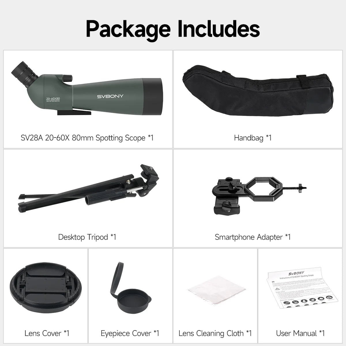 Svbony SV28A Spotting Scopes 20-60x80mm New Version Telescope with Tripod and Phone Adapter Suitable for Archery Target Shooting
