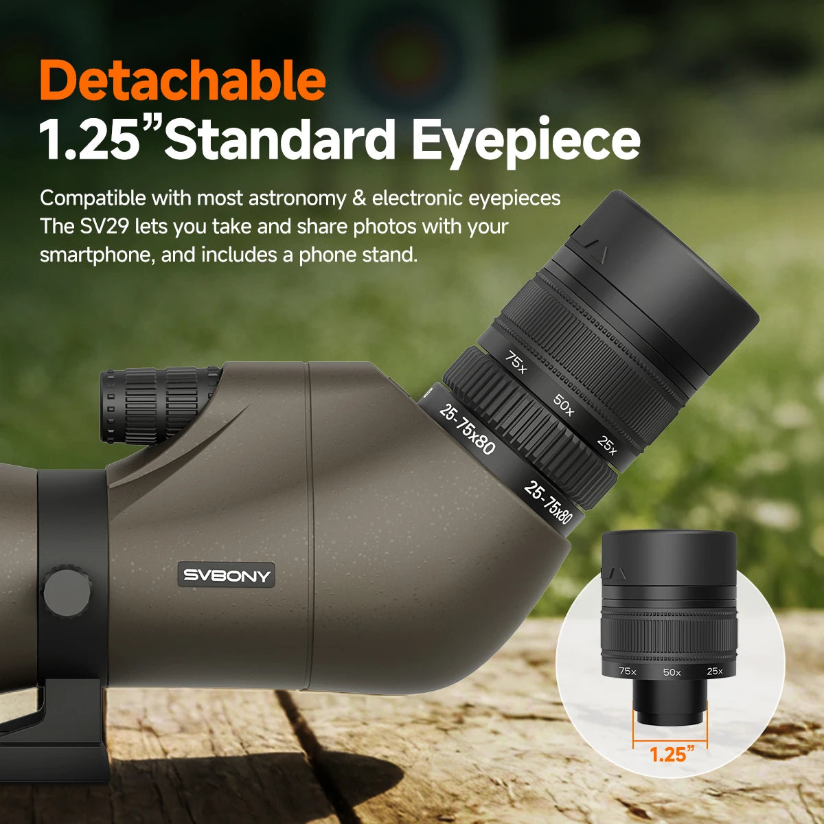 Svbony SV29 Spotting Scope 25-75x80mm FMC 57° Wide Angle Removable 1.25" Eyepiece Telescope for Target Shooting Archery
