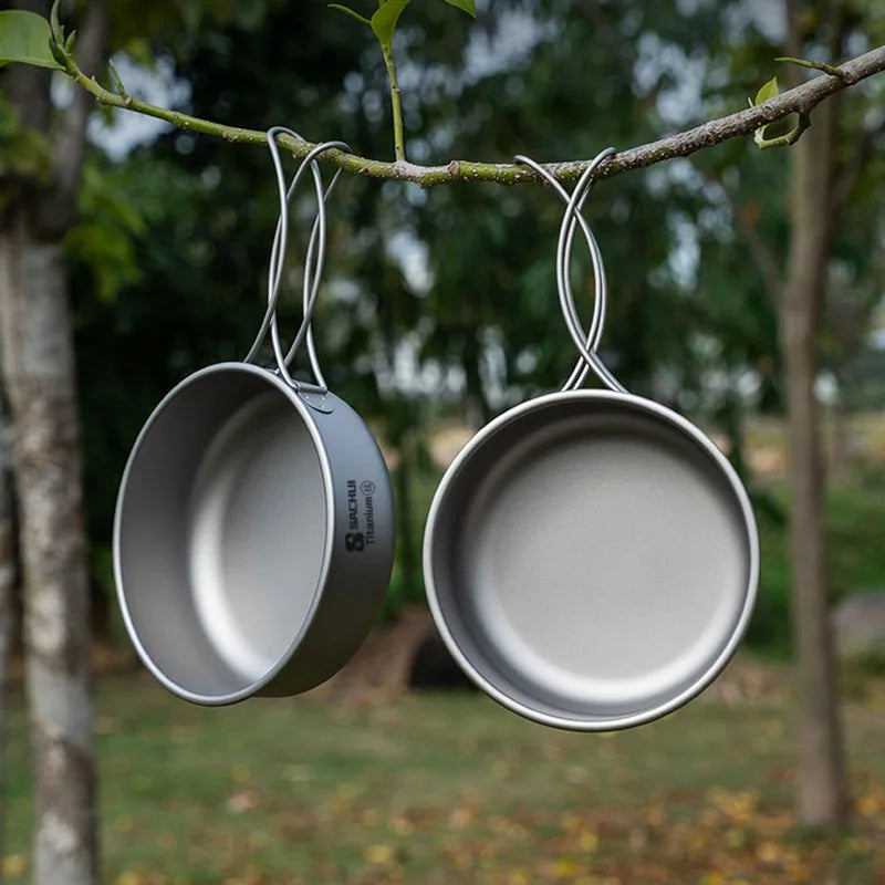 Pure Titanium Pans Bowls Dishes Set With Folding Handle Outdoor Camping Portable Plates Wok Frying Pan Tableware 5 Packed