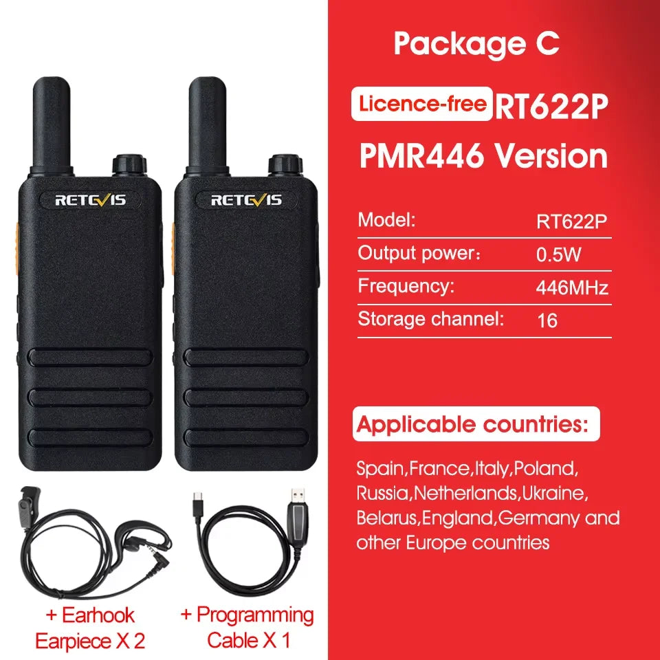 Retevis RT622P (B63) New Version of RT22 15mm Ultra-thin Mini Walkie-talkie PMR446 Profesional 2 Way Radio Type-C VOX for Family