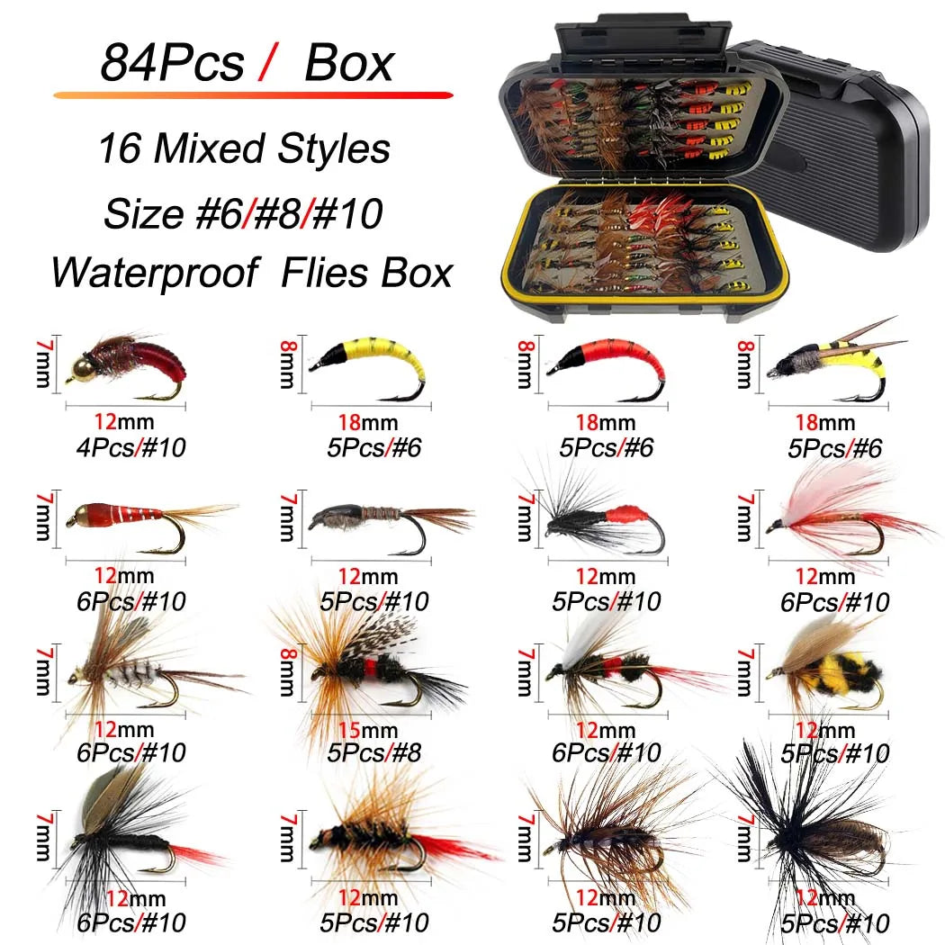 Fly Fishing Flies Kit Fly Assortment Trout Bass Fishing with Fly Box,24/30/40/54/84/102/114pcs with Dry/Wet Flies, Nymphs, Strea