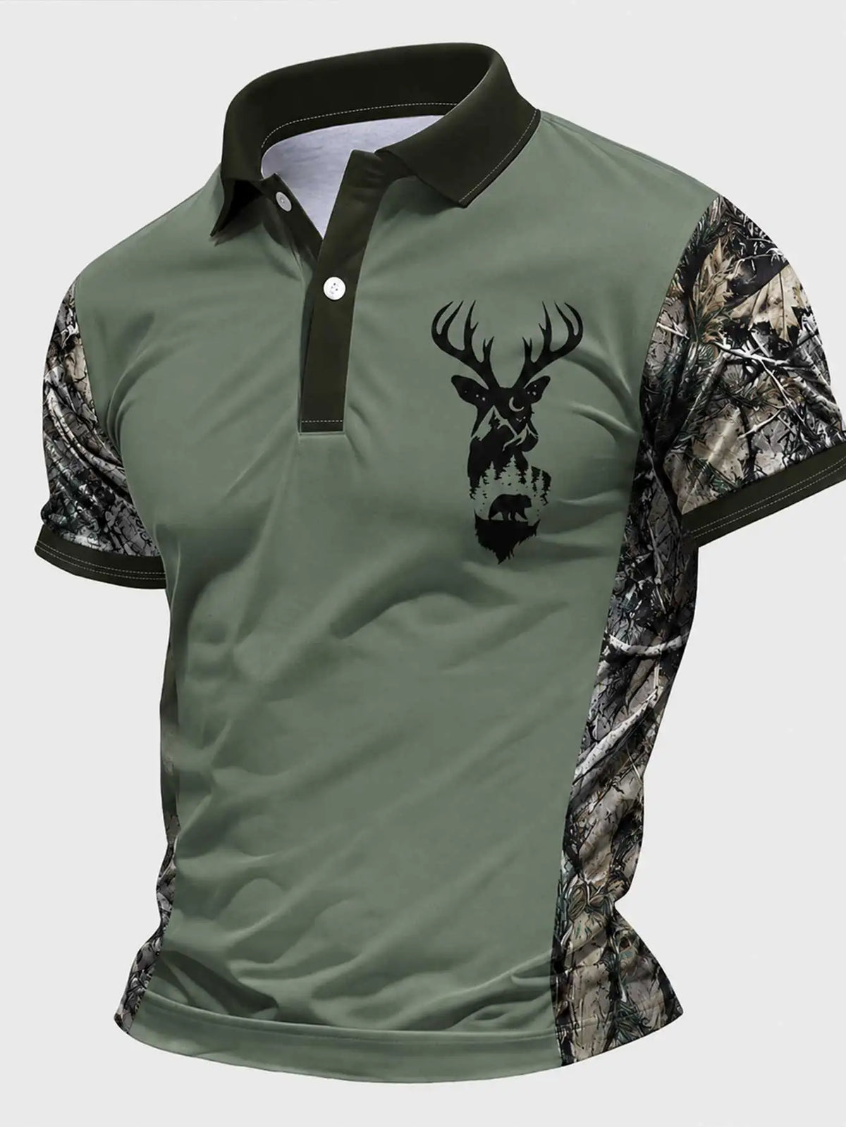 Men's Casual Deer Head Print Short-Sleeved Buttoned Polo Shirt Spring Summer and Autumn Fashionable Polo Shirt Suitable for Goi