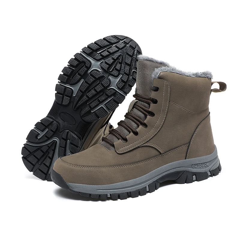 New Men's Hiking Boots Thickened Non-Slip Warm Flat High Top Boots Casual Winter Outdoor Leather Snow Boots Oversized Work Boots