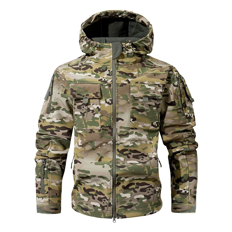 Men's Silent Soft Shell Camouflage Tactical Jacket Waterproof Warm Fleece Hunting Jackets Outdoor Hiking Fishing Hooded Coat