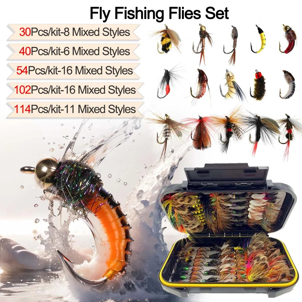 Fly Fishing Flies Kit Fly Assortment Trout Bass Fishing with Fly Box,24/30/40/54/84/102/114pcs with Dry/Wet Flies, Nymphs, Strea