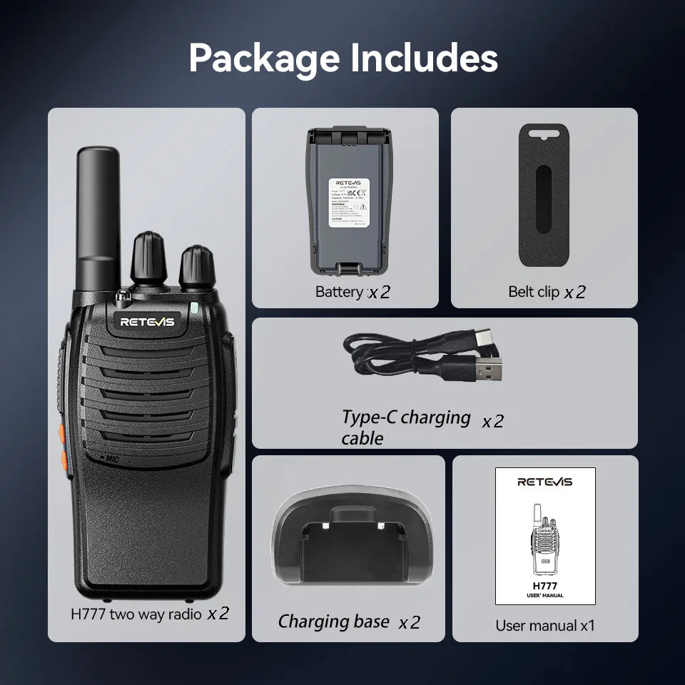 Retevis H777 2pcs Walkie Talkie Clear Sound Quality Portable Walkie Talkies Long Range Type-C Two Way Radio for Cycling Camping