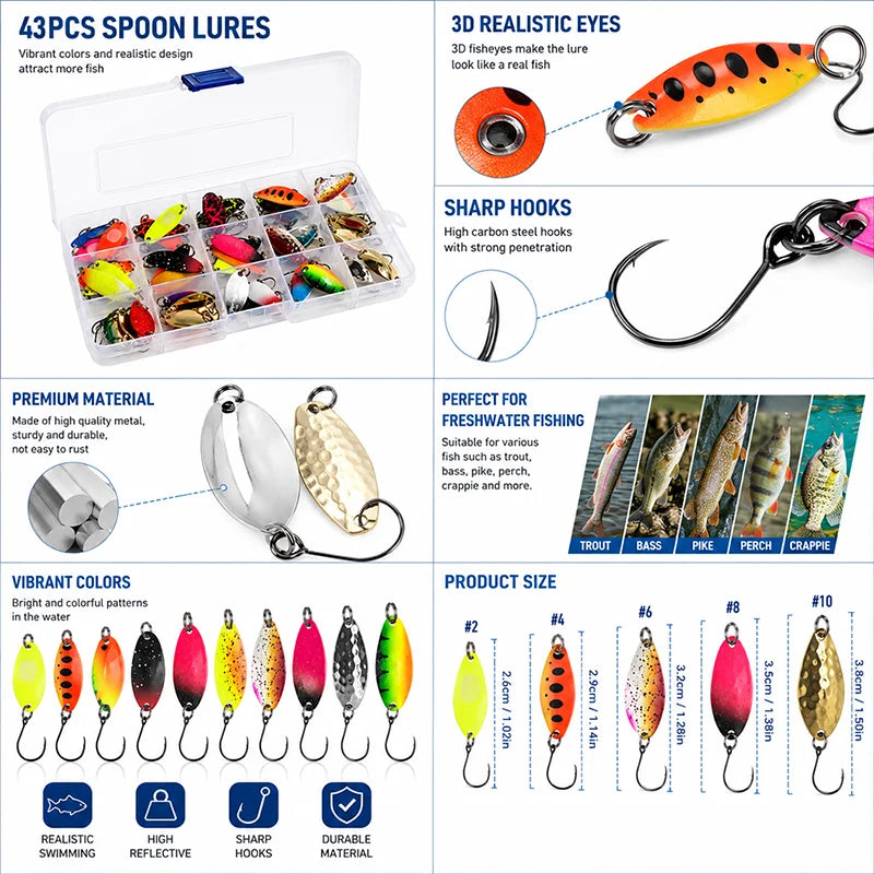 43PCS Professional Multi-Color Sequined Metal Lure Set,with Single Hook Artificial Trout Spinner Lure Fishing Accessories