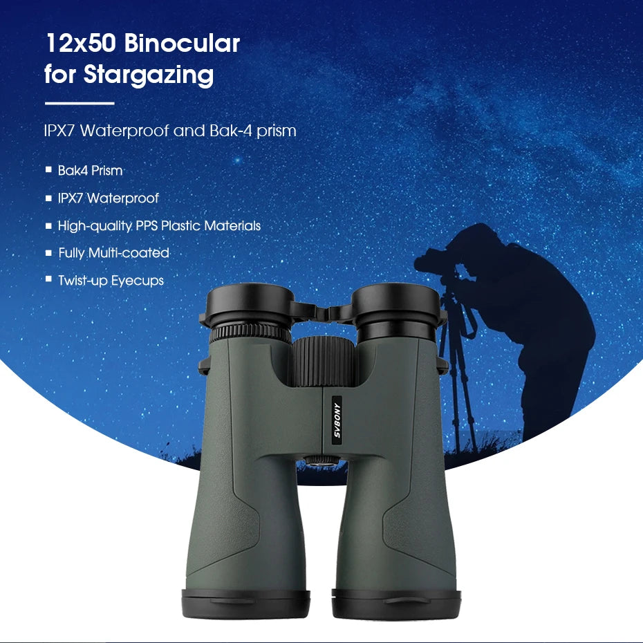 Svbony SA203 12x50 Binoculars  IPX7 PPS FMC Bak4 Portable Neckband Twist‑Up Eyecups for Outdoors Free Binocular Tripod Adapter