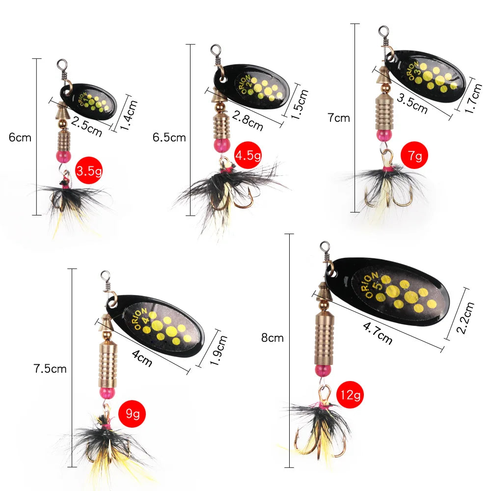 1pcs/lot Rotating Spinner Fishing Lure 3.5g/4.5g/7g/9g/12g Spoon Sequins Metal Hard Bait Wobblers Bass Pesca With Feather Hooks