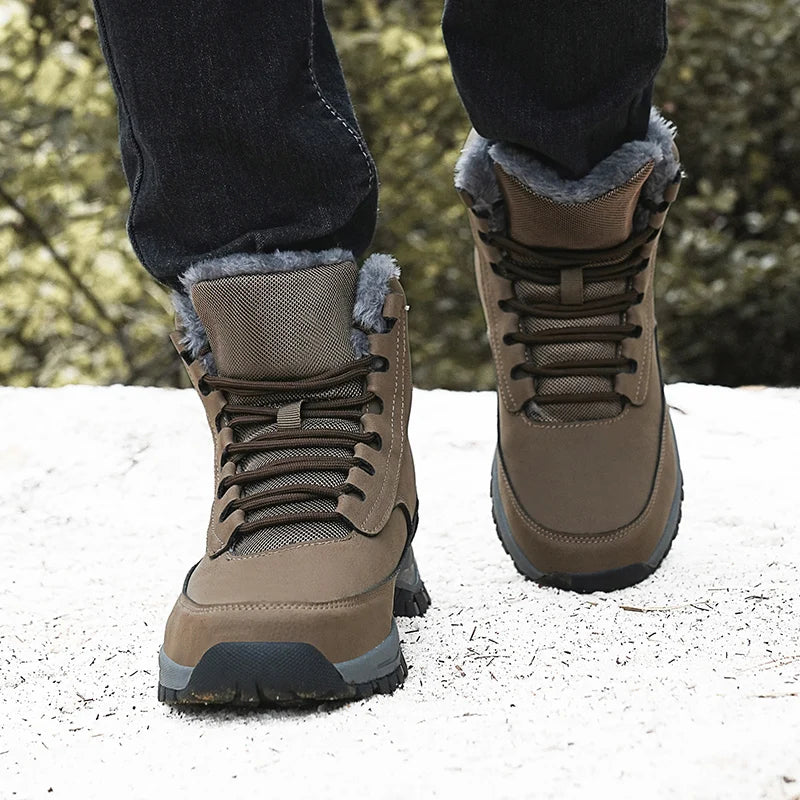 New Men's Hiking Boots Thickened Non-Slip Warm Flat High Top Boots Casual Winter Outdoor Leather Snow Boots Oversized Work Boots