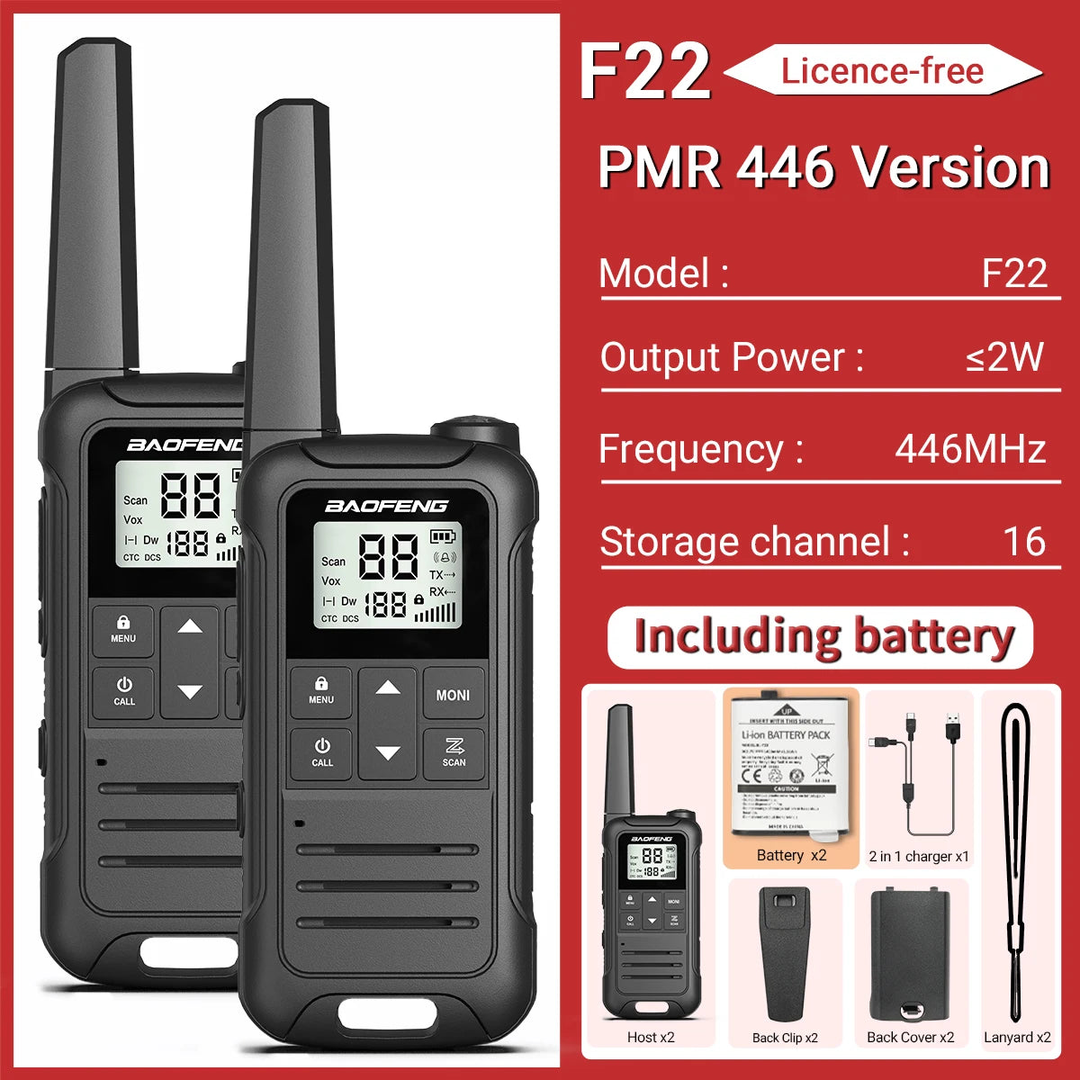2pcs Baofeng F22/T22 Mini Walkie Talkie PMR Long Range Rechargable Portable Two Way Radio Type-C Charger VOX for Camping Trip