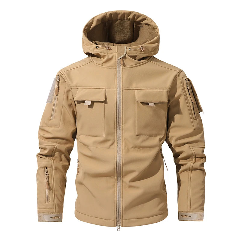 Men's Silent Soft Shell Camouflage Tactical Jacket Waterproof Warm Fleece Hunting Jackets Outdoor Hiking Fishing Hooded Coat
